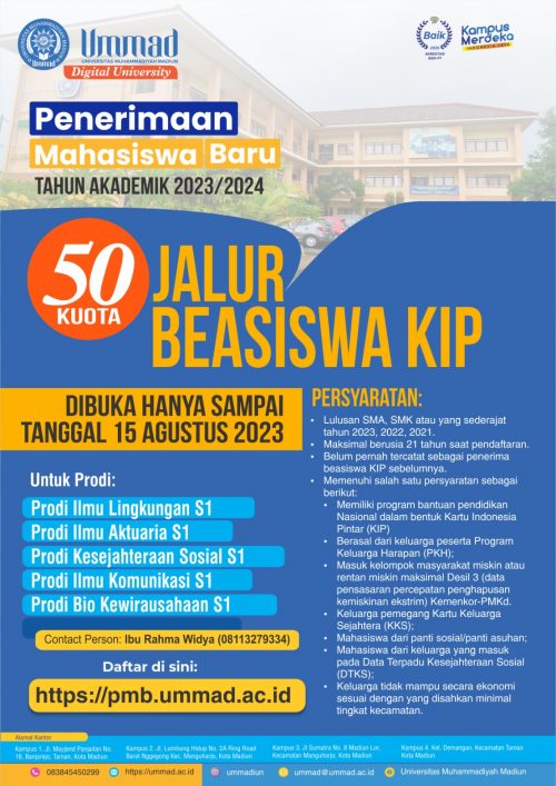 Kesempatan Baik!! UMMAD Beri Kuota 50 Beasiswa KIP untuk Calon Mahasiswa Baru 2023-2024. Ini Syaratnya